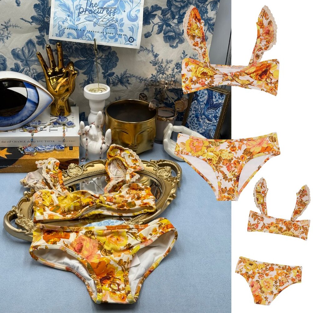 🆕 ZIMMERMANN KIDS 🧿 NWT Raie Trim Tie Front Bikini, Yellow Floral - Sz 4Y